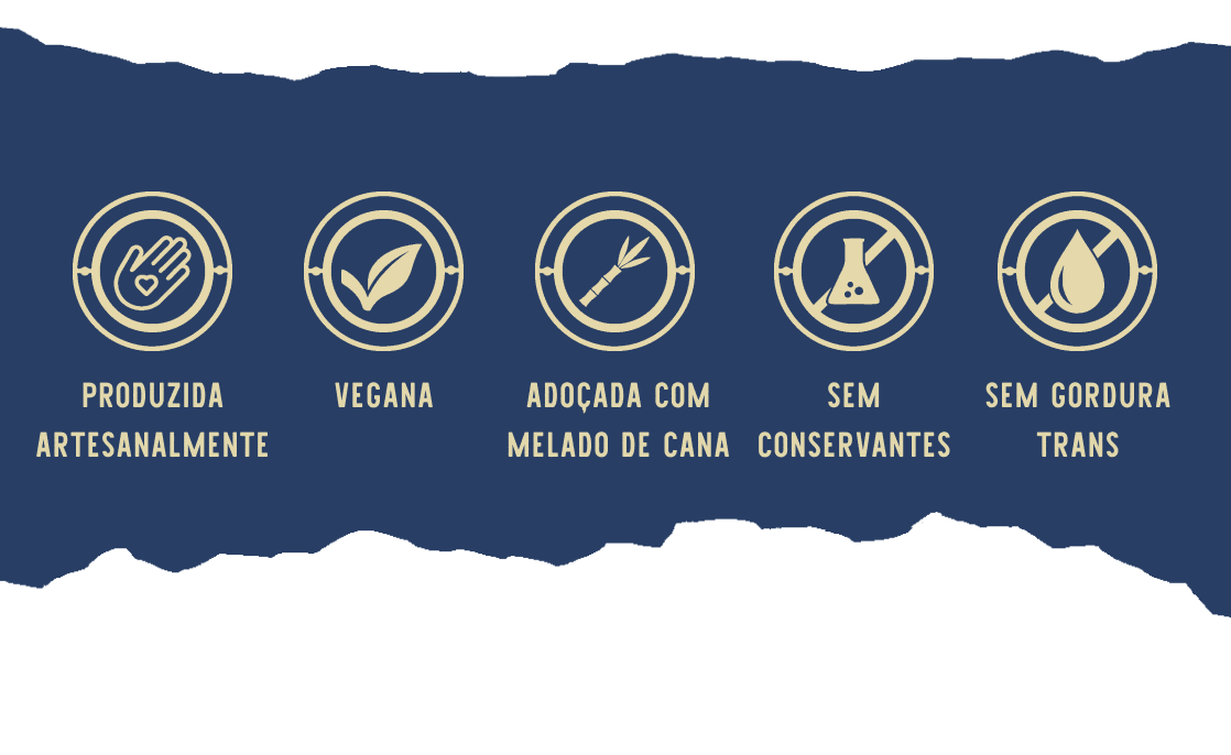 Produzida artesanalmente, vegana, adoçada com melado de cana, sem conservantes e sem gordura trans